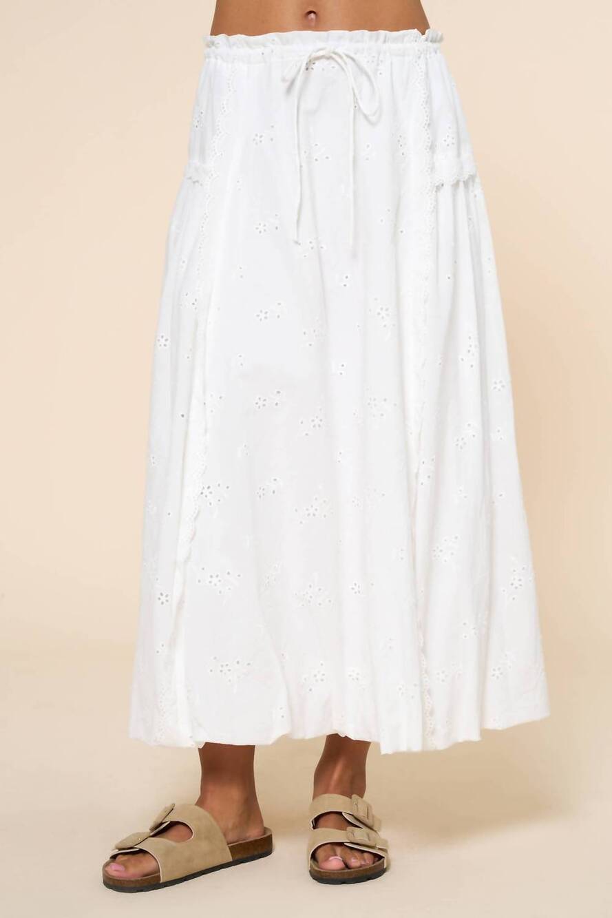NEW LALAVON eyelet ruffled waist front tie woven maxi skirt in off white